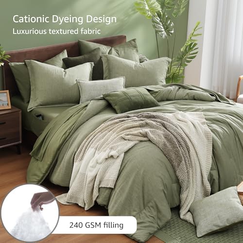 Monbix Queen Comforter Set Sage Green 7 Pieces Cationic Dyeing Bed in a Bag - Image 3