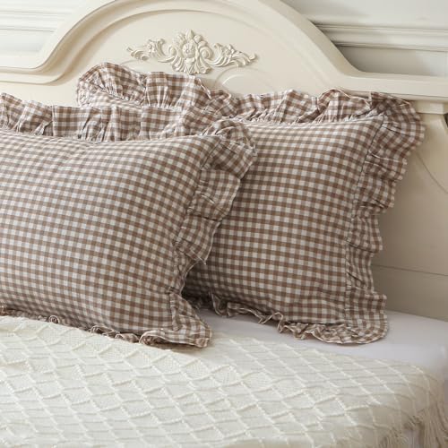 Mywinlle Taupe/White Plaid Gingham Ruffle Pillow Covers Standard Size - Image 2