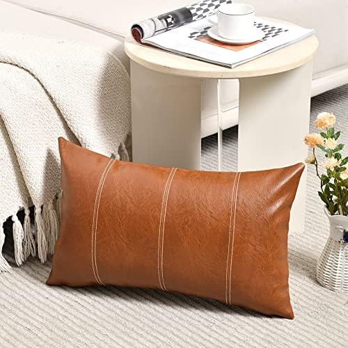 Fancy Homi Brown Boho Lumbar Faux Leather Decorative Throw Pillow Covers 12x20 by Fancy+Homi