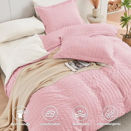 HYMOKEGE Pink/Ivory California King Comforter Set Seersucker 7 Pieces, All - Image 3