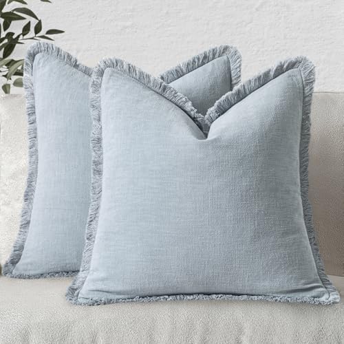 MIULEE Boho Linen Fringe Decorative Throw Pillow Covers Sky Blue 18x18 by MIULEE