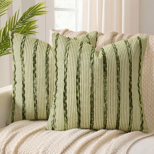 ANRODUO Boho Decorative Pillow Covers Olive Stripe 18x18 Inch Set of 2 by ANRODUO