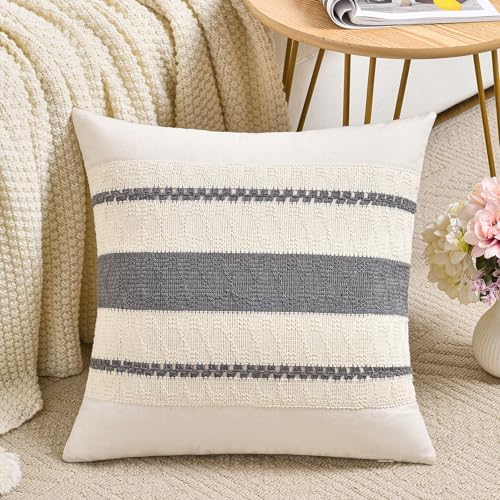 Fancy Homi Set of 1 Neutral Grey Farmhouse Decorative Throw Pillow Covers 18x18 by Fancy+Homi