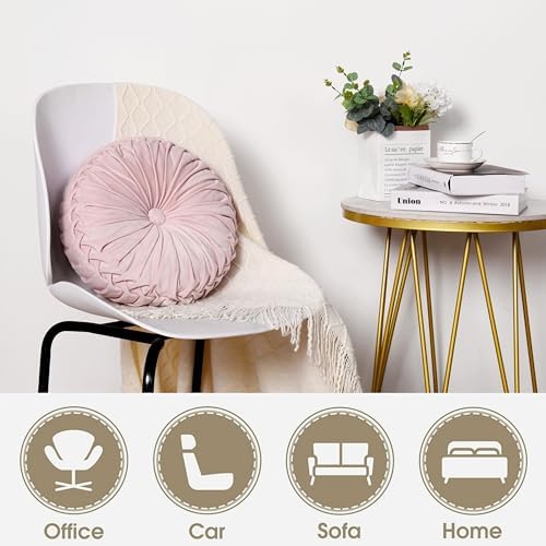 HIG Set of 2 Pink Velvet Decorative Round Pleated Throw Pillows - Image 2