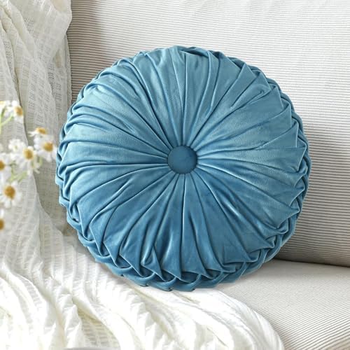 HIG Set of 2 Dusty Blue Velvet Decorative Round Pleated Throw Pillows - Image 2