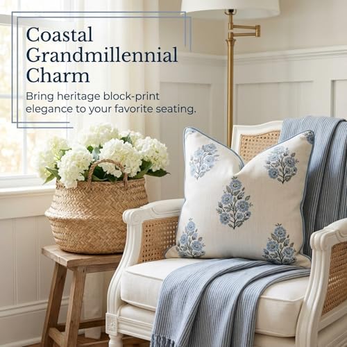 Jillien Harbor “The Camille” Floral Block Print Pillow Cover – Soft Blue and - Image 3
