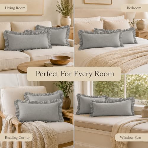 JoraLion Ruffled Throw Pillow Cover 12x20 Solid Light Gray - Image 3