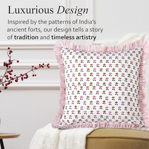 CPC Rosette Bloom Hand Block Print 100% Cotton Ruffle Throw Pillow Cover 24x24 - Image 4