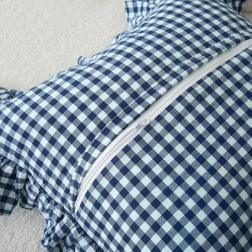 Silnuo Navy Blue/White Gingham Plaid Ruffle Throw Pillow Covers 18"x18" - Image 4