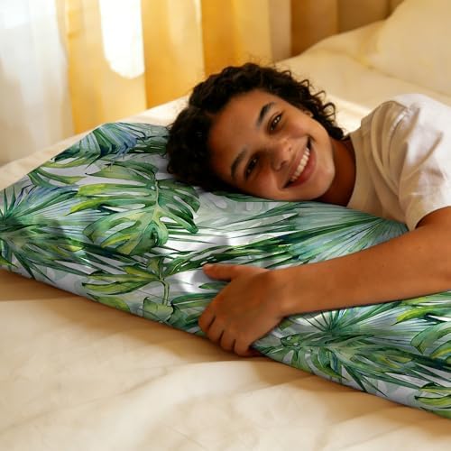 Body Pillow Cover with Zipper, Tropical Leaves Green Jungle Imitation Silk Long - Image 7