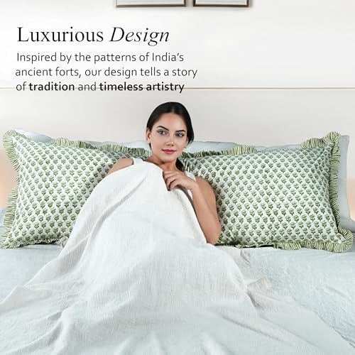 CPC Block Print Emerald Green Ruffle Cotton Lumbar Pillow Cover 20x54 inch - Image 5