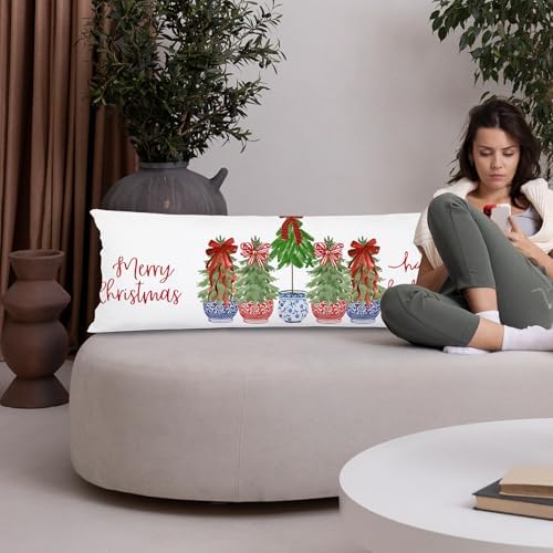 Chinoiserie Christmas Tree Body Pillow Cover 20x54, Grandmillennial Christmas - Image 4