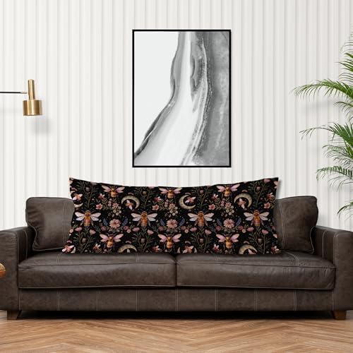 Vintage Moody Dark Floral Bumble Bee Moon Body Pillow Cover 20x54, Dark - Image 4