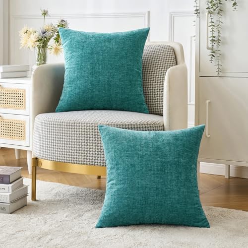 MIULEE Soft Chenille Euro Throw Pillow Covers Teal 24x24 Inch Pack of 2 - Image 5