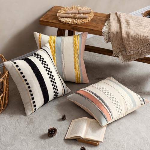 ANRODUO Boho Decorative Throw Pillow Covers Yellow Stripe 18x18 Pack of 2 - Image 3