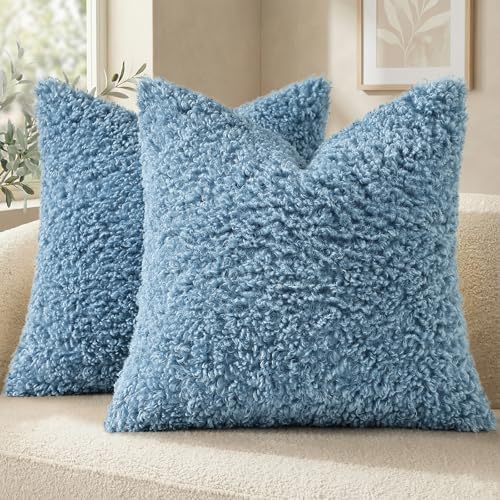 decorUhome Sherpa Decorative Throw Pillow Covers 16x16 Set of 2 Light Blue by decorUhome