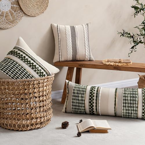 ANRODUO Boho Decorative Pillow Covers Olive Green Stripe 14x36 Pack of 1 - Image 3