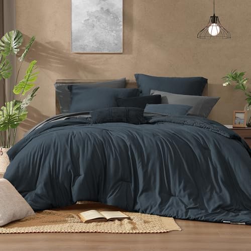 Monbix King Comforter Set 7 Pieces Navy Blue Cationic Dyeing Bed in a Bag by Monbix