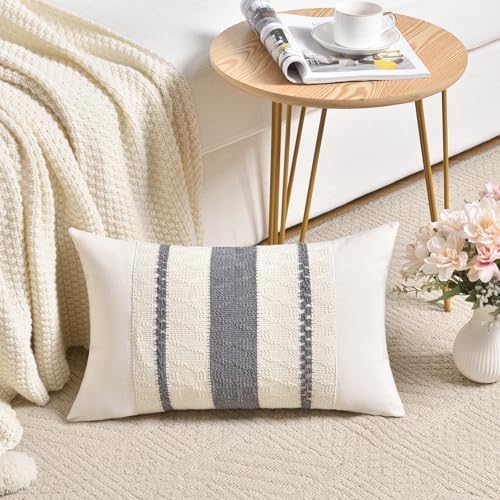 Fancy Homi Set of 2 Neutral Grey Farmhouse Lumbar Decorative Throw Pillow - Image 2