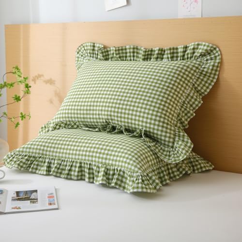 Silnuo Olive Green/White Gingham Ruffle Pillow Covers Queen Size 20"x30" - Image 7