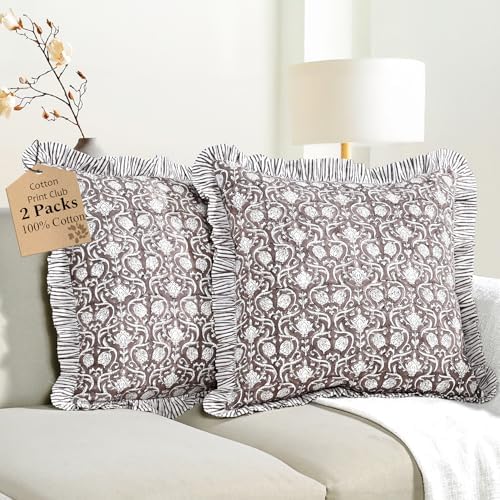 CPC Mocha Regal Hand Block Print 100% Cotton Ruffle Throw Pillow Cover 20x20 by COTTONPRINTCLUB