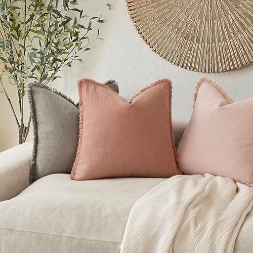 Foindtower Decorative Linen Fringe Throw Pillow Covers 22×22 Coral Pink - Image 5