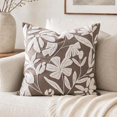BlissBlush Decorative Throw Pillow Cover 20x20 Inch, Taupe Brown Floral Tufted by BlissBlush