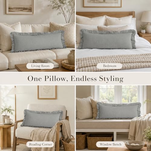 JoraLion Ruffled Lumbar Pillow Cover 14x36 Solid Light Gray - Image 3