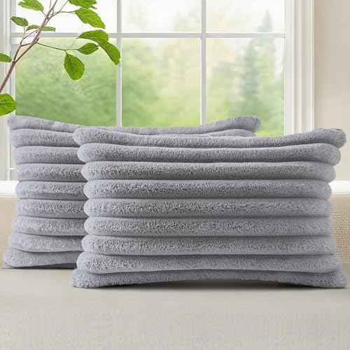 decorUhome Fall Faux Fur Throw Pillow Covers 12x20 Set of 2 Grey by decorUhome