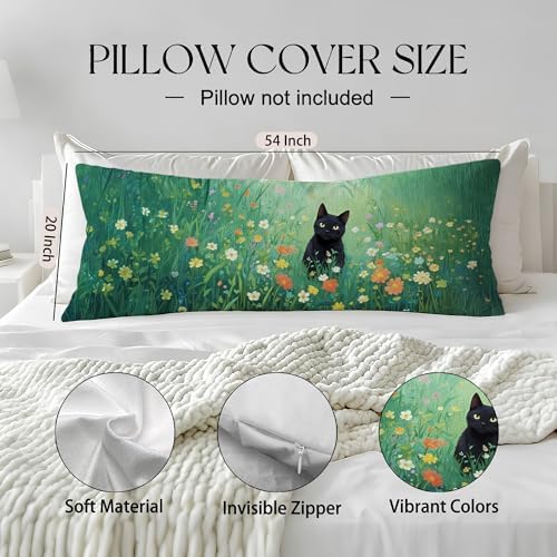 Floral Black Cat 20x54 Body Pillow Cover, Cats Lovers Lady Gifts, Cat Gifts - Image 2