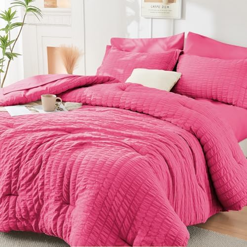 HYMOKEGE Hot Pink Queen Comforter Set Seersucker 7 Pieces, All Season Luxury by HYMOKEGE