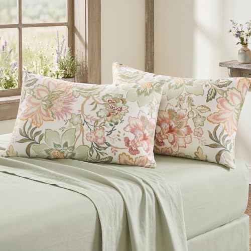 Bedorm 100% Cotton Pillowcases Set of 2 Queen Size Floral Pillow Cover Green - Image 4