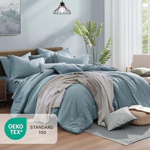 Monbix Queen Comforter Set 7 Pieces Dusty Blue Cationic Dyeing Bed in a Bag - Image 2