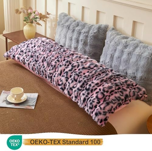 LIFEREVO Leopard Print Body Pillow Cover 20x54, Soft Faux Rabbit Fur Pink - Image 3