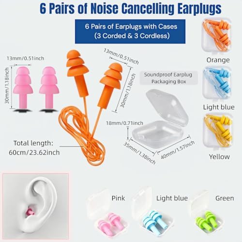 Noise Cancelling Earplugs 6 Pairs Corded & Cordless Silicone - Image 2