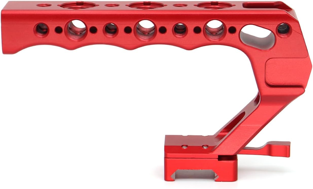 Universal Top Handle with Quick Release NATO Grip with NATO Rail for DSLR Camera Cage, with 3 Cold Shoe Adapters to Mount DSLR Camera with Microphone/LED Light/Monitor (Red with NATO Rail)