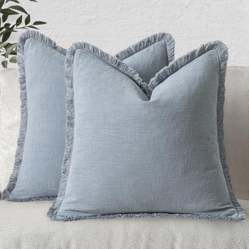 MIULEE Boho Linen Fringe Decorative Throw Pillow Covers Light Blue 18x18 by MIULEE
