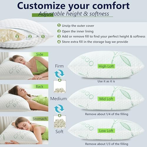 Shredded Memory Foam Pillow, Cooling Pillow King Size 1 Pack Adjustable Firm - Image 3