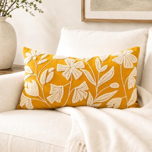 BlissBlush Lumbar Pillow Cover 12x20 Inch, Mustard Floral Tufted Velvet by BlissBlush