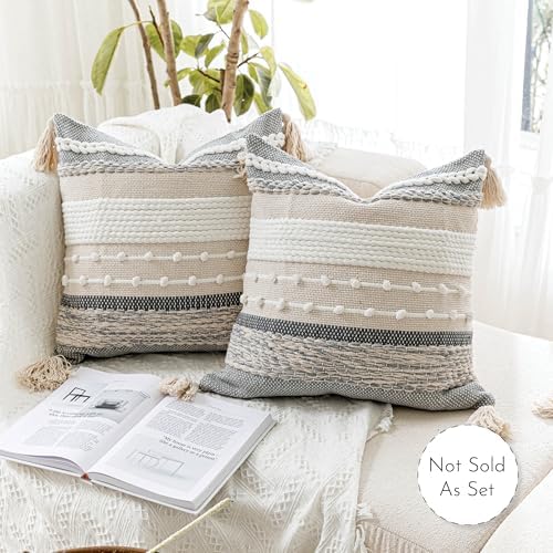 BlissBlush Gray Boho Throw Pillow Cover 18x18 Grey Decorative Accent Pillow - Image 6