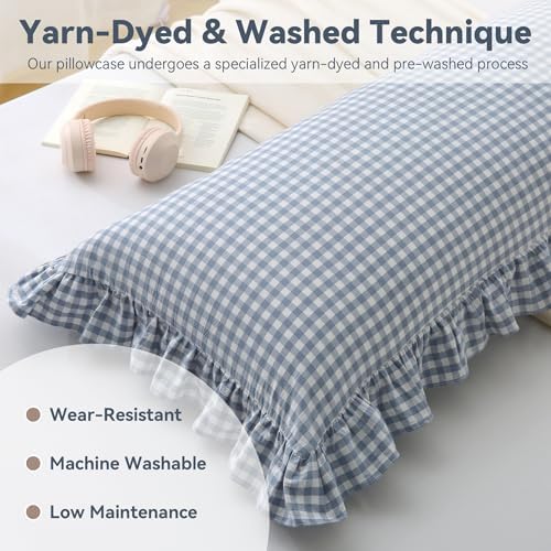 Dusty Blue Gingham Body Pillow Cover 20x54, Ruffled Cotton Sham - Image 5