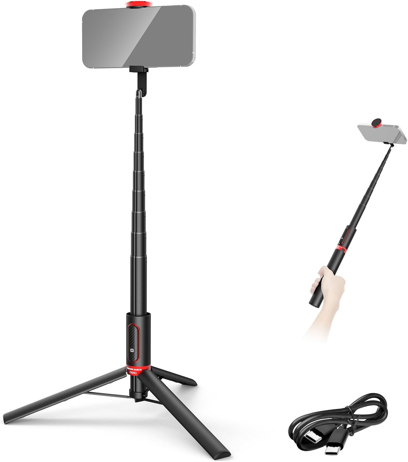 NEEWER Basics PA991 Selfie Stick Tripod Compatible with iPhone Samsung Android, 57.9 Inch Metal Portable Lightweight Travel Mobile Phone Stand with Holder & Remote Control for Video Recording