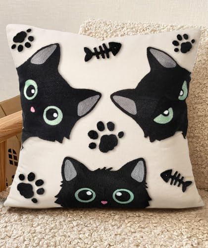 Embroidered Throw Pillow Cover 20x20 Inch, Cat Bone by Kokaaee