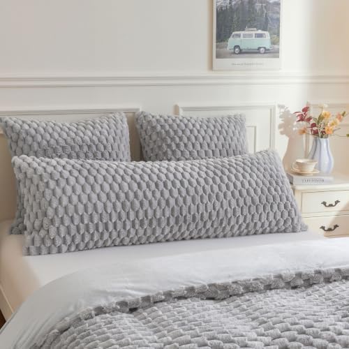 XeGe 3D Bubble Fluffy Faux Rabbit Fur Body Pillow Cover 20x54, Light Grey by XeGe