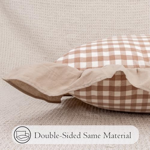 JoraLion Ruffled Body Pillow Cover 20x54 Gingham Khaki Solid Edge - Image 4