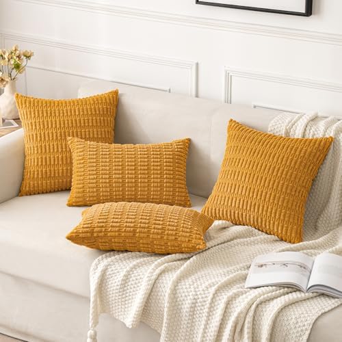 MIULEE Corduroy Decorative Throw Pillow Covers 18x18 Gold Yellow Pack of 2 - Image 2