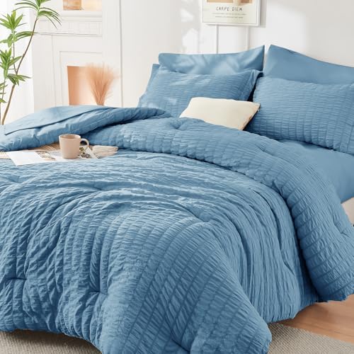 HYMOKEGE Mineral Blue Oversized King Comforter Set Seersucker 7 Pieces by HYMOKEGE
