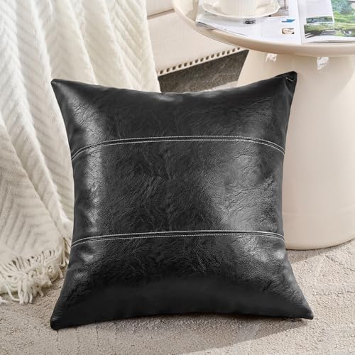 Fancy Homi Black Boho Faux Leather Decorative Throw Pillow Covers 20x20 Inch by Fancy+Homi