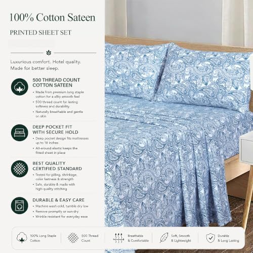 Feather & Stitch 100% Cotton Sateen 500 TC Twin Size Bed Sheet Set - Image 6