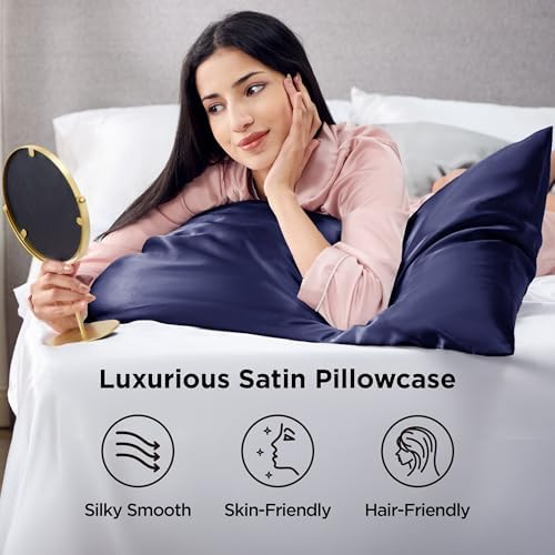 Bedsure Satin Pillowcase Standard Set of 2, Similar to Silk Pillowcase Navy - Image 2